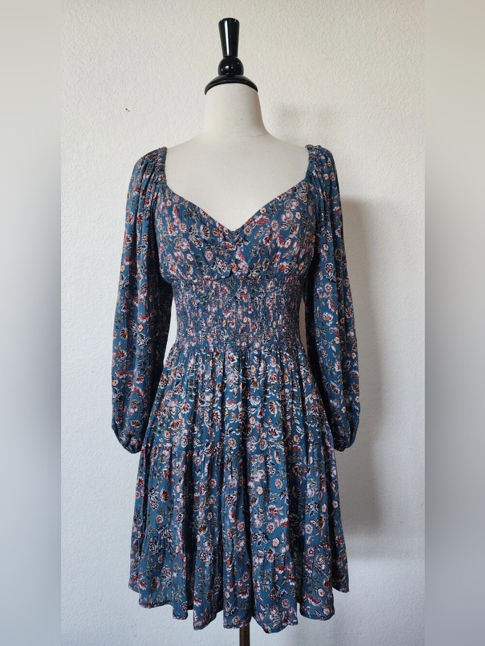 Blue Floral Long-Sleeve Smocked Waist Dress